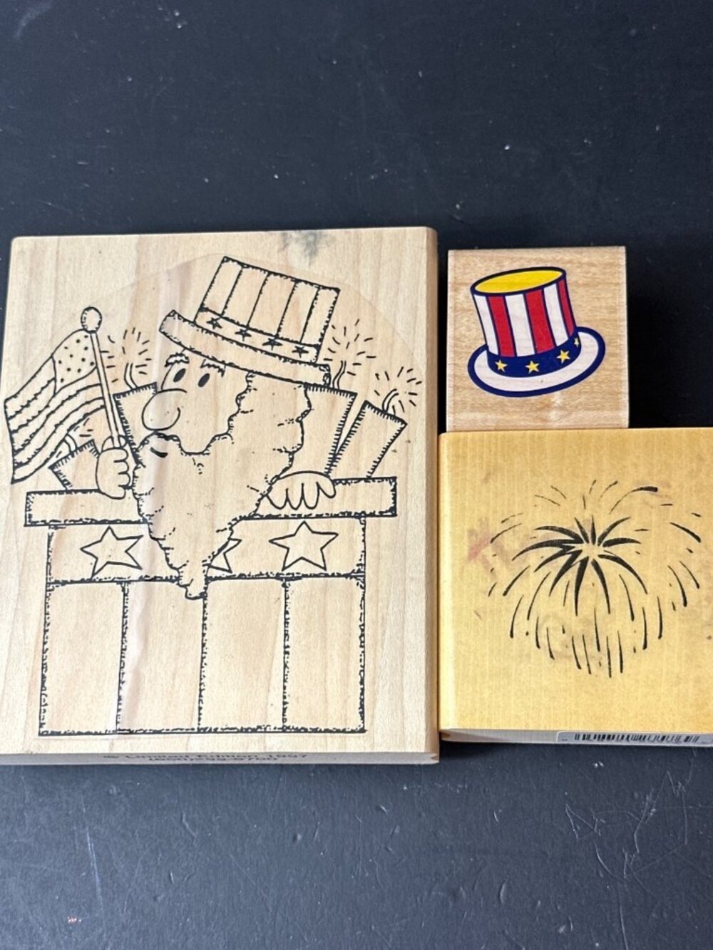 Patriotic Rubber Stamp Set Of 3 - Uncle Sam Fireworks & Hat